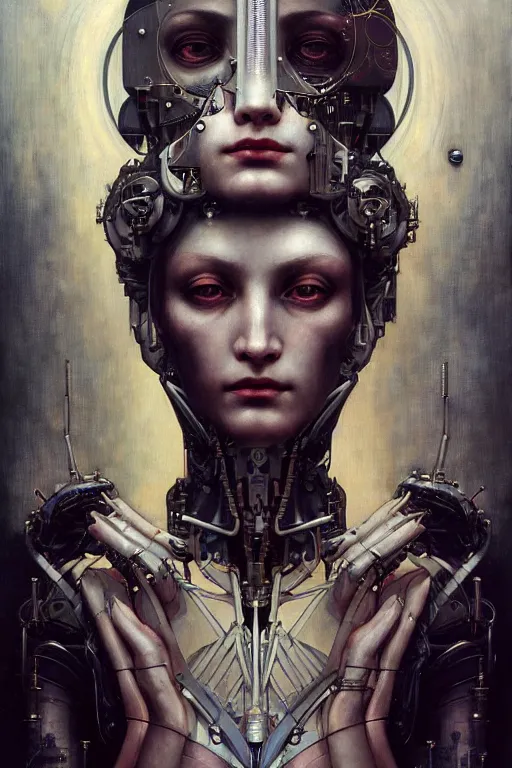 Prompt: full - bodied and portrait futurist cyborg empress, perfect future, award winning art by santiago caruso, iridescent color palette, symmetric face, by wlop and karol bak and bouguereau and viktoria gavrilenko