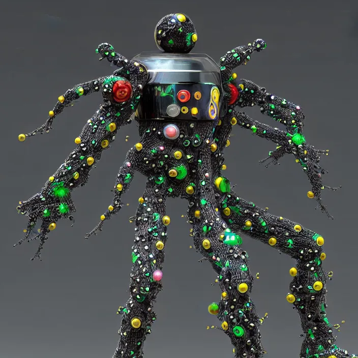 Image similar to a cybernetic symbiosis of a single astronaut mech-organic eva suit made of pearlescent wearing anodized thread knitted shiny ceramic multi colored yarn thread infected with kevlar,ferrofluid drips,carbon fiber,ceramic cracks,gaseous blob materials and diamond 3d fractal lace iridescent bubble 3d skin dotted covered with orb stalks of insectoid compound eye camera lenses orbs floats through the living room, film still from the movie directed by Denis Villeneuve with art direction by Salvador Dalí, wide lens,