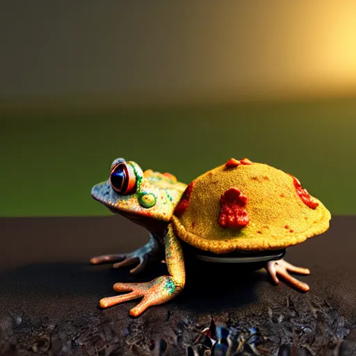 Image similar to a toad carrying a taco backpack, 3D render, octane renderer