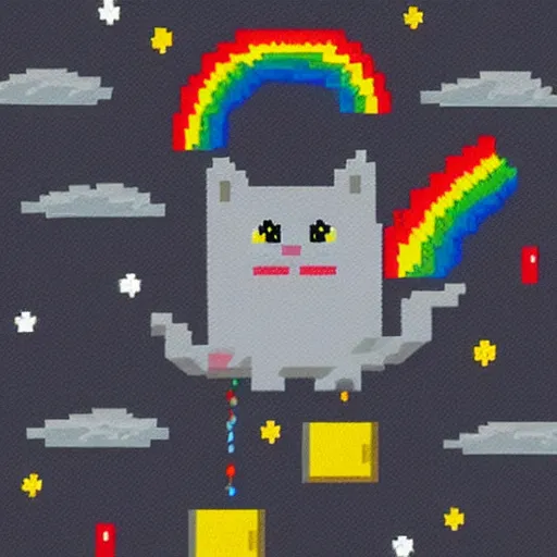 Prompt: Pixel art grey cat between toasts flying in space with rainbow trail