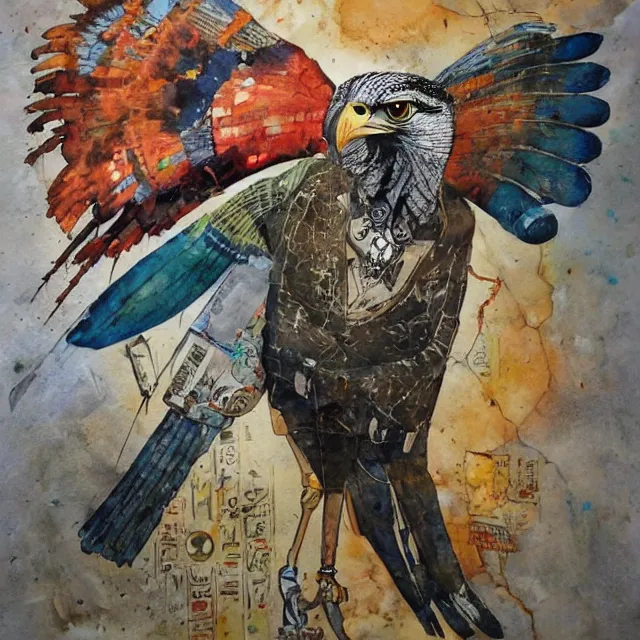 Image similar to expresionistic watercolor of Horus the falcon headed egyptian god, by Enki Bilal, by Dave McKean, by Peter Mohrbacher, graffiti paint, vintage, splatters, scratches