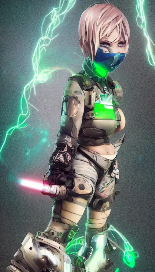 Image similar to render beautiful 3 d anime woman with short silver hair, blue eye and green eye, tank top and shorts with mechanical boots, glowing tribal tattoos, short smile, cinematic lightning, highly detailed, trending on artstation, 4 k, blender, cinematic color grading