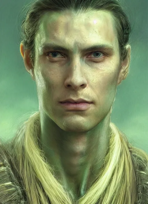 Prompt: a shaman in his twenties with long light brown hair tied back, light green eyes, a large forehead, a widows peak and a round face with high cheekbones as a realistic d & d fantasy character, portrait art by donato giancola and greg rutkowski, vintage retro, realistic face, digital art, trending on artstation
