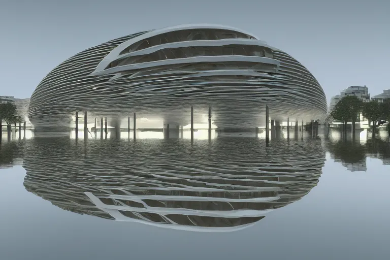 Image similar to 2 0 white round egg shaped buildings intersect and depend on each other to form a post - modern building, by pierre bernard, on the calm lake, people's perspective, future, interior wood, dusk, unreal engine highly rendered, global illumination, radial light, internal environment