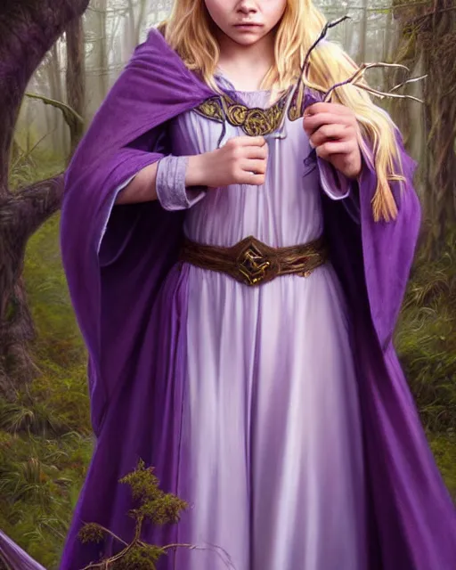 Image similar to cute young mage chloe grace moretz casting a spell, blonde hair, forest, purple heavy cloak and chemise, fantasy character portrait, ultra realistic, intricate, elegant, highly detailed, digital painting, artstaion, smooth, sharp, focus, illustration, art by artgerm and greg rutkowski and alphonse mucha