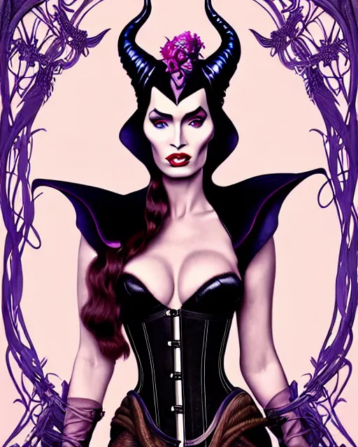 Image similar to new art nouveau portrait of fantasy succubus maleficent megan fox wearing a leather corset in a magical forest, anna dittmann, moebius, wlop, artgerm, patrick nagle, charlie bowater and loish. long windblown hair, ultrasharp focus, dramatic lighting, barbwire vine arches, photorealistic digital matte painting, intricate.