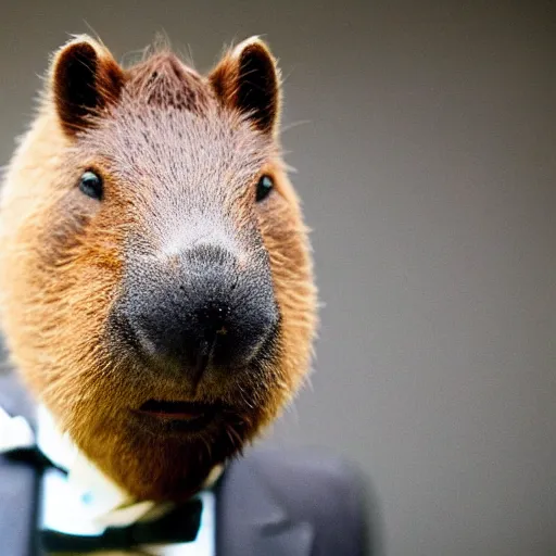 Image similar to capybara head, a man wearing a suit capybara head (smoking cigar)