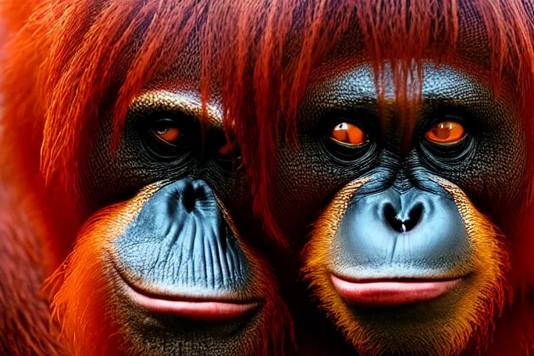 Image similar to vfx film closeup, singing orangutan rockstar onstage, flat color profile low - key lighting award winning photography arri alexa cinematography, hyper real photorealistic cinematic beautiful natural skin, famous face, atmospheric cool colorgrade