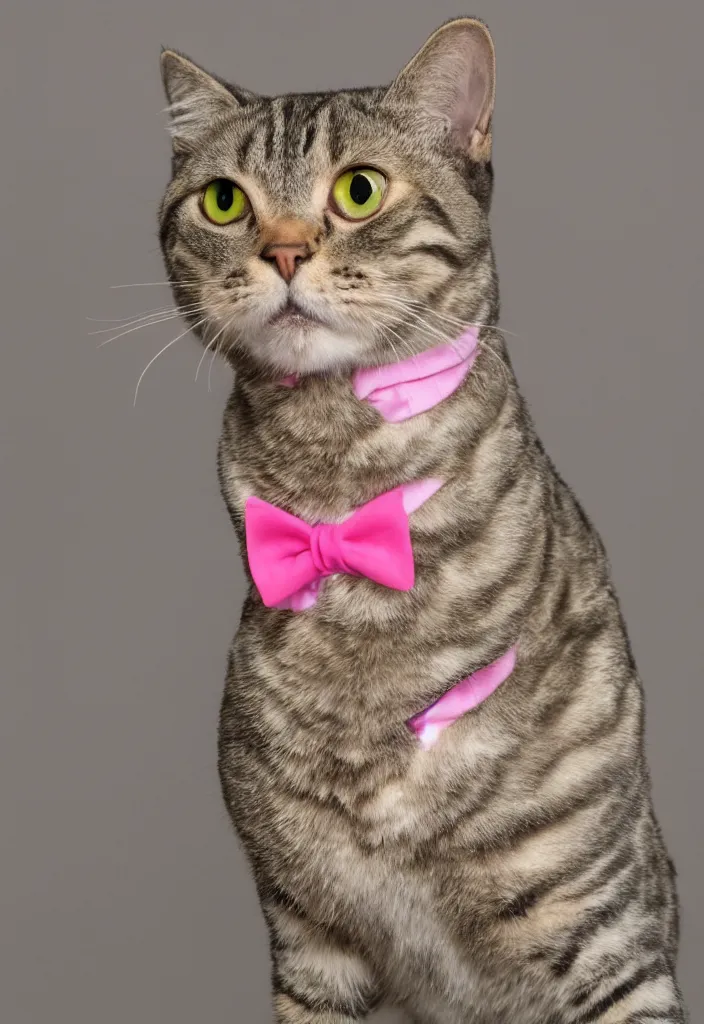 Prompt: portrait of a tabby ,wearing a pink tuxedo,Pixar style