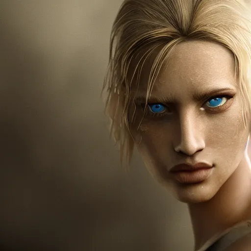 Image similar to legendary pretty blond female warrior, shallow depth of field, moody lighting, 8 k, concept art,