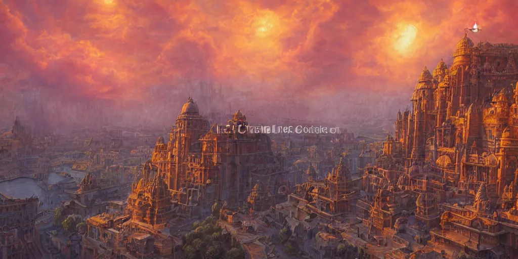 Image similar to fantasy oil painting, mega structure city of varanasi, fantasy, colossal, gate, looming, small buildings, warm lighting, street view, silhouetted figure standing overlooking, space port city, epic, distant mountains, bright clouds, luminous sky, cinematic lighting, michael cheval, michael whelan, artstation, oil painting, vray, 8 k hd