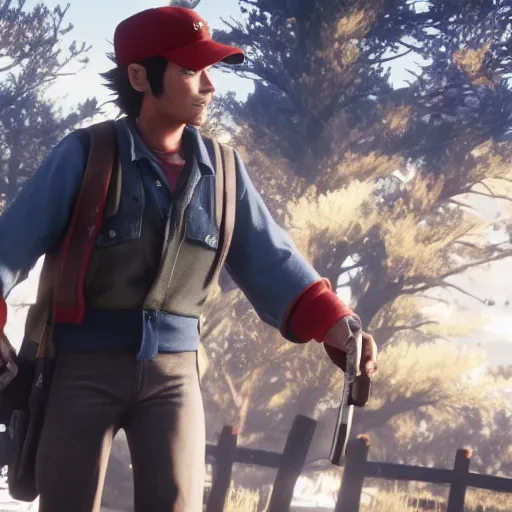 Prompt: Film still of Ash Ketchum, from Red Dead Redemption 2 (2018 video game)