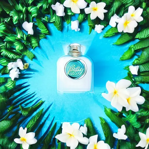 Image similar to centered bright perfume bottle standing in clear blue rippling water surrounded by a plethora of white flowers and tropical leaves and fauna upfront, with dreamy bright blue sky and clouds in the background, illumination lighting, sharp focus, surreal photography, lois van baarle,