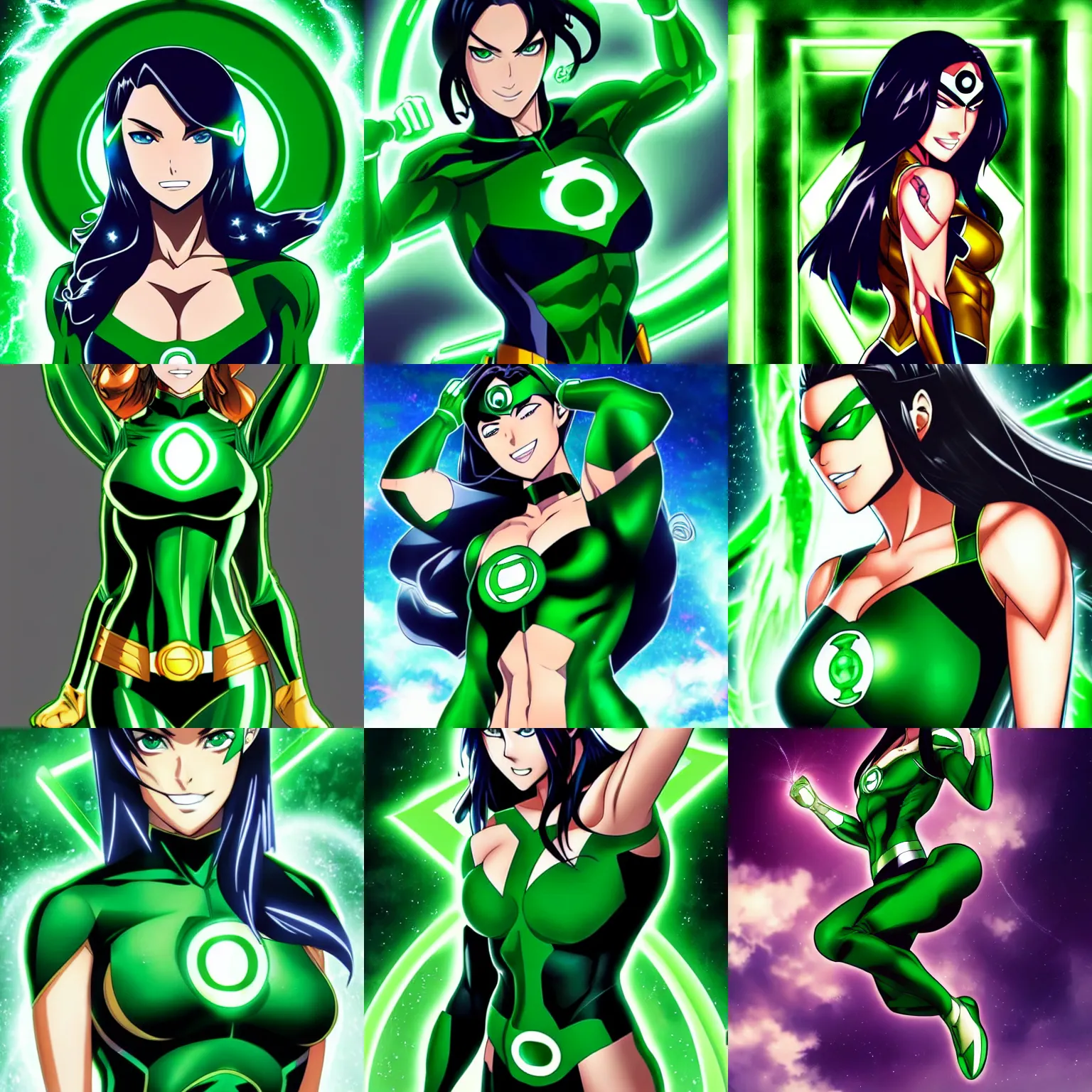 Prompt: Anime Key visual Megan Fox as green lantern, DC comics, Superhero, official media, artstation, elegant, intricate