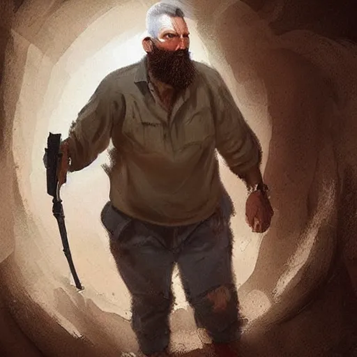 Image similar to a bearded man emerges from his bunker, digital art, artgerm