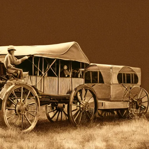 Image similar to a monochromatic sepia photograph of a delorean time machine traveling with covered wagons and pioneers on the oregon trail, trending on art station,