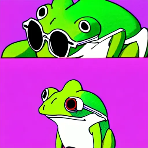 Image similar to studio ghibli frog sipping a hi - c juice box through a straw and wearing ray - ban wayfarers, ultra detail