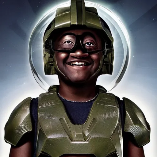 Image similar to steve urkel in intimidating futuristic halo battle armor