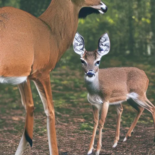 Image similar to a deer being pet by a little boy, cinematic scene