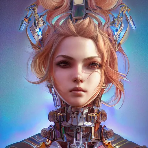 Image similar to studio portrait of lawful good colorful female holy mecha paladin absurdly beautiful, elegant, young sensual graceful woman, ultrafine hyperrealistic detailed face illustration by kim jung gi, irakli nadar, intricate linework, sharp focus, bright colors, matte, octopath traveler, final fantasy, unreal engine highly rendered, global illumination, radiant light, intricate environment