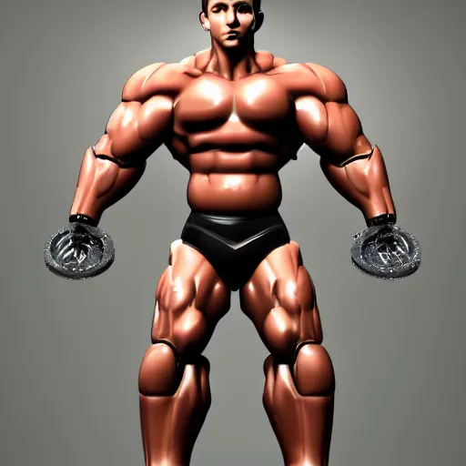 Image similar to a realistic detailed photo of a bodybuilder who is also a male android, Chris Redfield, shiny skin, posing robotically. blank stare