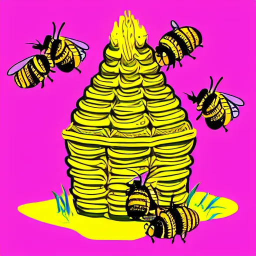 Prompt: vector illustration of a beehive with bees coming out of it, sharp details