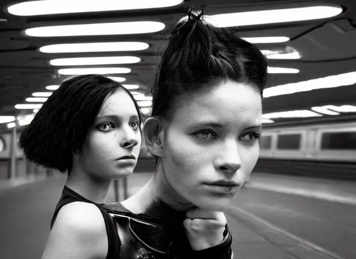 Prompt: close - up portrait of cyberpunk cyborg girl with face armour, in a futuristic subway, richard avedon, tri - x pan