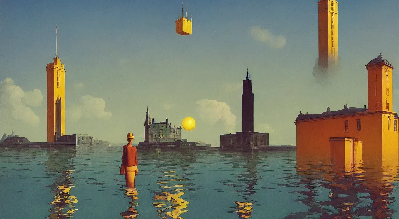 Prompt: single flooded simple golden tower, very coherent and colorful high contrast!! masterpiece by rene magritte simon stalenhag carl spitzweg syd mead norman rockwell edward hopper james gilleard, surrealism!, minimalist, dark shadows, sunny day, hard lighting