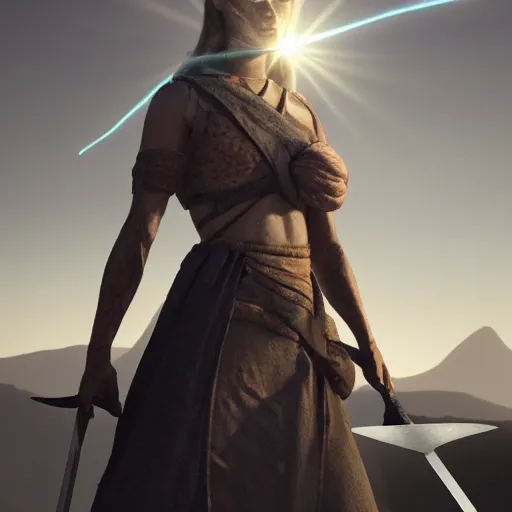 Image similar to a woman with a sword standing in front of a mountain, a character portrait by René Auberjonois, trending on cgsociety, photorealism, reimagined by industrial light and magic, #vfxfriday, anamorphic lens flare