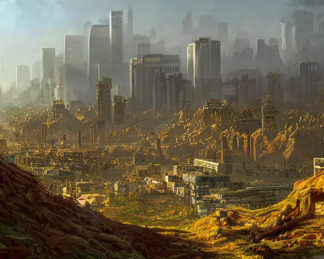 Image similar to a highly detailed painting of a post apocalyptic downtown la in the style of thomas cole