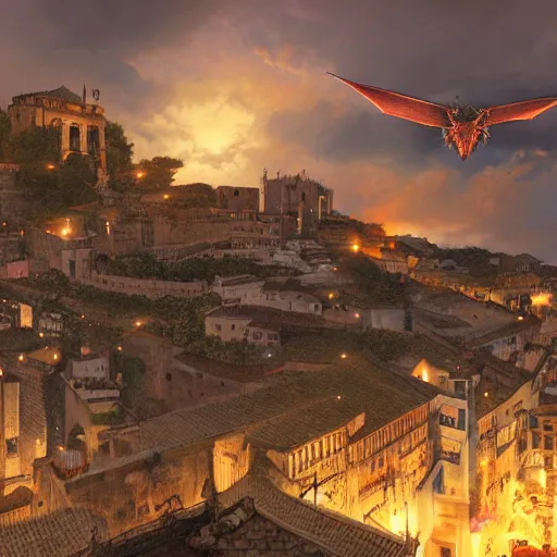 Prompt: the monumental city of caceres with smaug flying over it, dramatic lighting, cinematic, extremly high detail, photorealistic, cinematic lighting, post processed, concept art, artstation, matte painting, style by greg rutkowsky