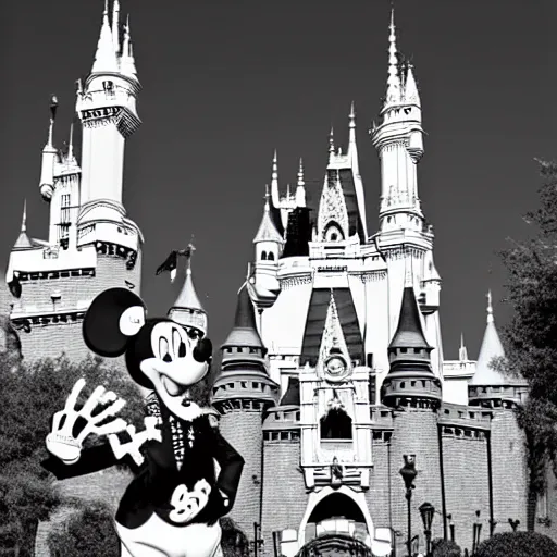 Image similar to the Disney castle made of bones and skulls, black and white