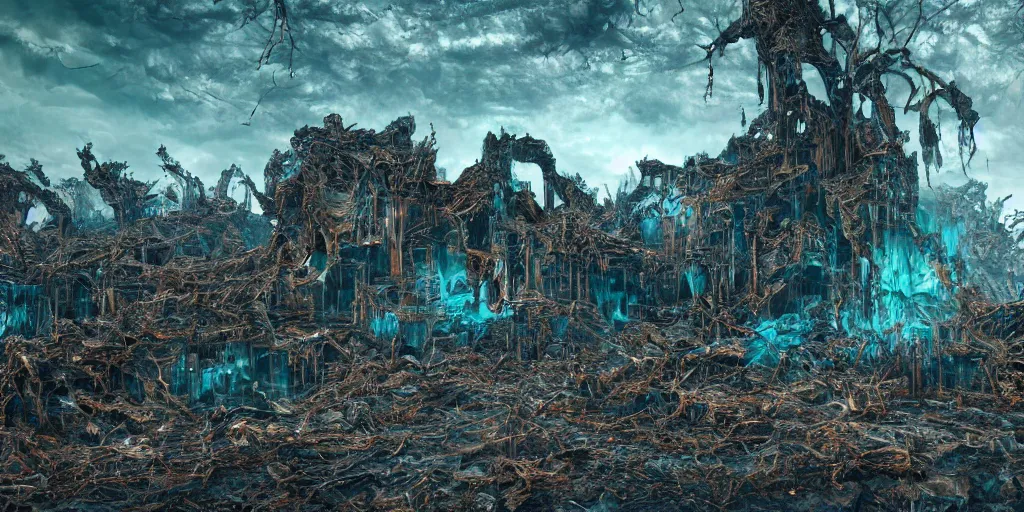 Image similar to ruination, outright devastation, landscape, intricate complexity, horror, rainbow drip paint, psychedelic glitch art, trending on art station, photoreal, 8k, octane render