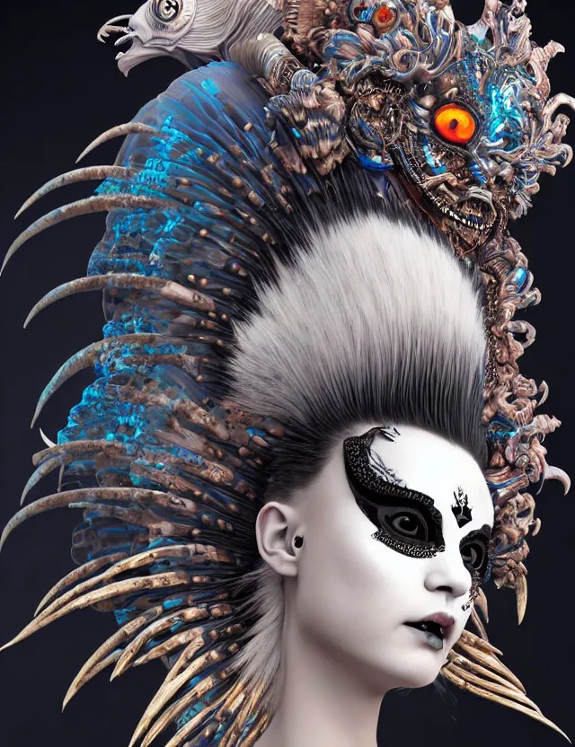 Image similar to 3 d goddess close - up profile portrait punk with mohawk with ram skull. beautiful intricately detailed japanese crow kitsune mask and clasical japanese kimono. betta fish, jellyfish phoenix, bio luminescent, plasma, ice, water, wind, creature, artwork by tooth wu and wlop and beeple and greg rutkowski