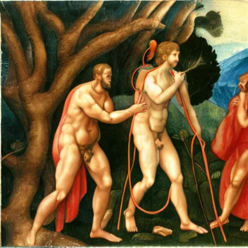 Image similar to God angry in the Garden of Eden. Eve and Adam look guilty