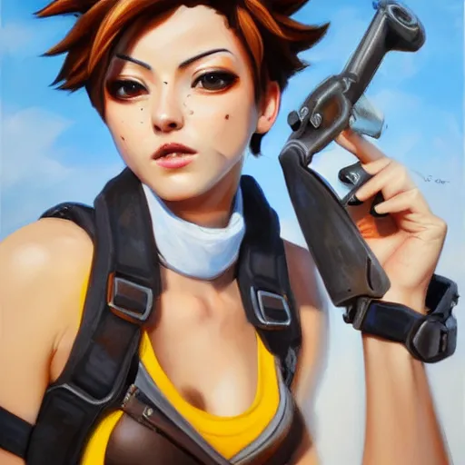 Image similar to oil painting of tracer overwatch in a field wearing o - ring choker around neck, in style of mark arian, expressive face, detailed face, detailed eyes, full body, feminine face, tracer overwatch,