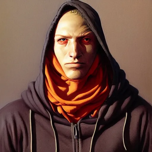 Image similar to portrait of a man wearing a balaclava and a hoodie, by gerald brom