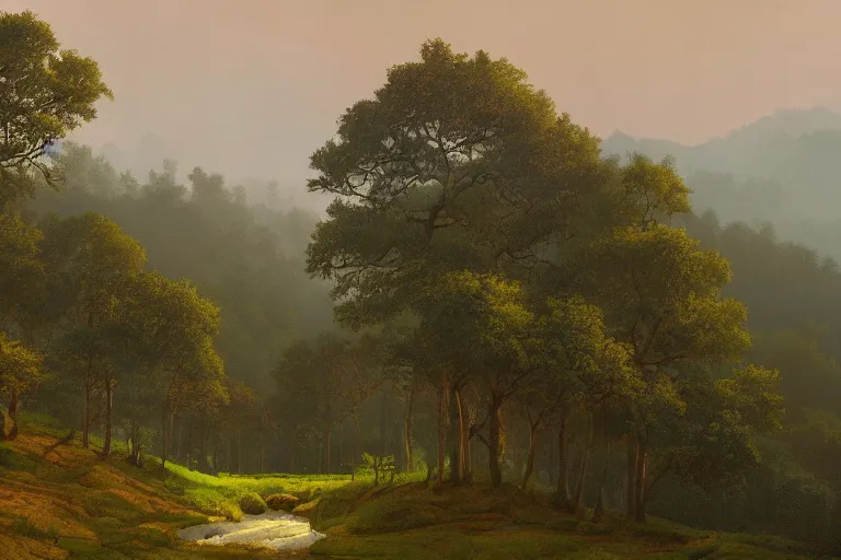 Prompt: masterpiece painting of oak trees on a hillside overlooking a creek, dramatic lighting, by simon stalenhag