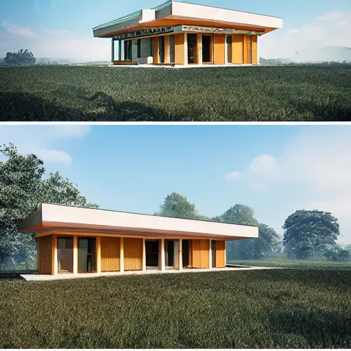 Image similar to rectangular modernist house inspired by a tibetan palace, surrounded by thick collumns, two levels, in a field, big trees, clouds, dramatic lighting, artstation, matte painting, raphael lacoste, simon stalenhag, frank lloyd wright, drone view