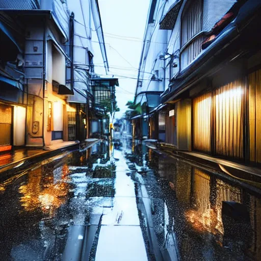 Image similar to still photo of rain puddles and reflections in a japanese street, cloudy weather, highly detailed, photorealistic shot, bright studio setting, studio lighting, crisp quality and light reflections, unreal engine 5 quality render