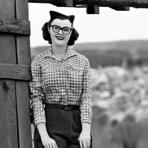 Prompt: The image is of a woman in the 1950s posing on a fence. She is wearing penny loafers, rolled jeans and a plaid shirt. Her hair is styled in a classic 1950s style and she is wearing cat eye glasses. She looks like she is enjoying the sunny day and the view from her perch on the fence