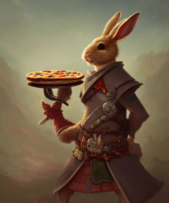 Prompt: a portrait an anthropomorphic rabbit samurai eating pizza, landscape in background, cute and adorable, dnd character art portrait, well rendered matte fantasy painting, deviantart artstation, by jason felix by steve argyle by tyler jacobson by peter mohrbacher, cinematic lighting