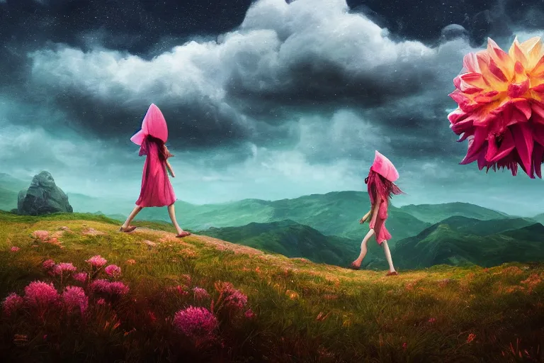 Image similar to giant dahlia flower over head, girl walking on mountain, surreal photography, stars, dramatic light, impressionist painting, storm clouds, digital painting, artstation, simon stalenhag