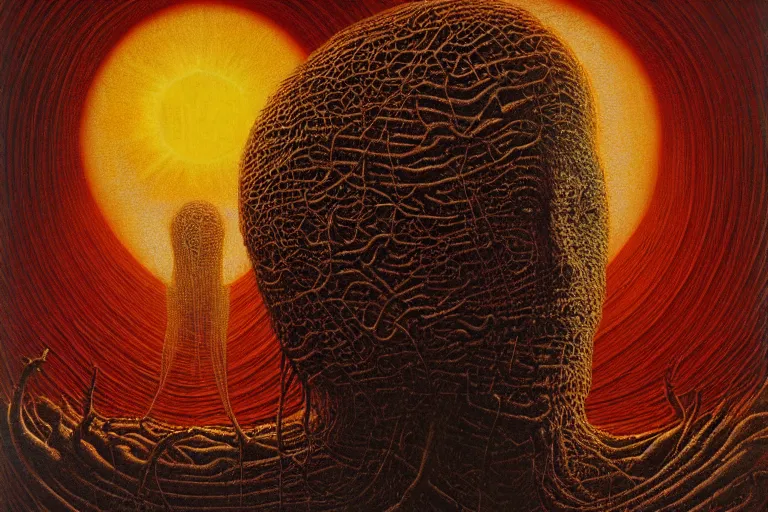 Image similar to The queen of the sun by Zdzislaw Beksinski, Jeffrey Smith and H.R. Giger, oil on canvas