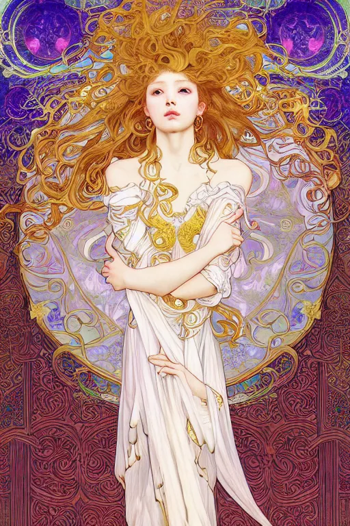 Image similar to fullbody portrait of a young hero with curly blond hairs, soft smile, baroque cloth, luminous scene, final fantasy and legue of legends champion, by chengwei pan and alpfons mucha, gradient white to gold, in front of an iridescent magical building background, highly detailed portrait, digital painting, smooth, focus illustration