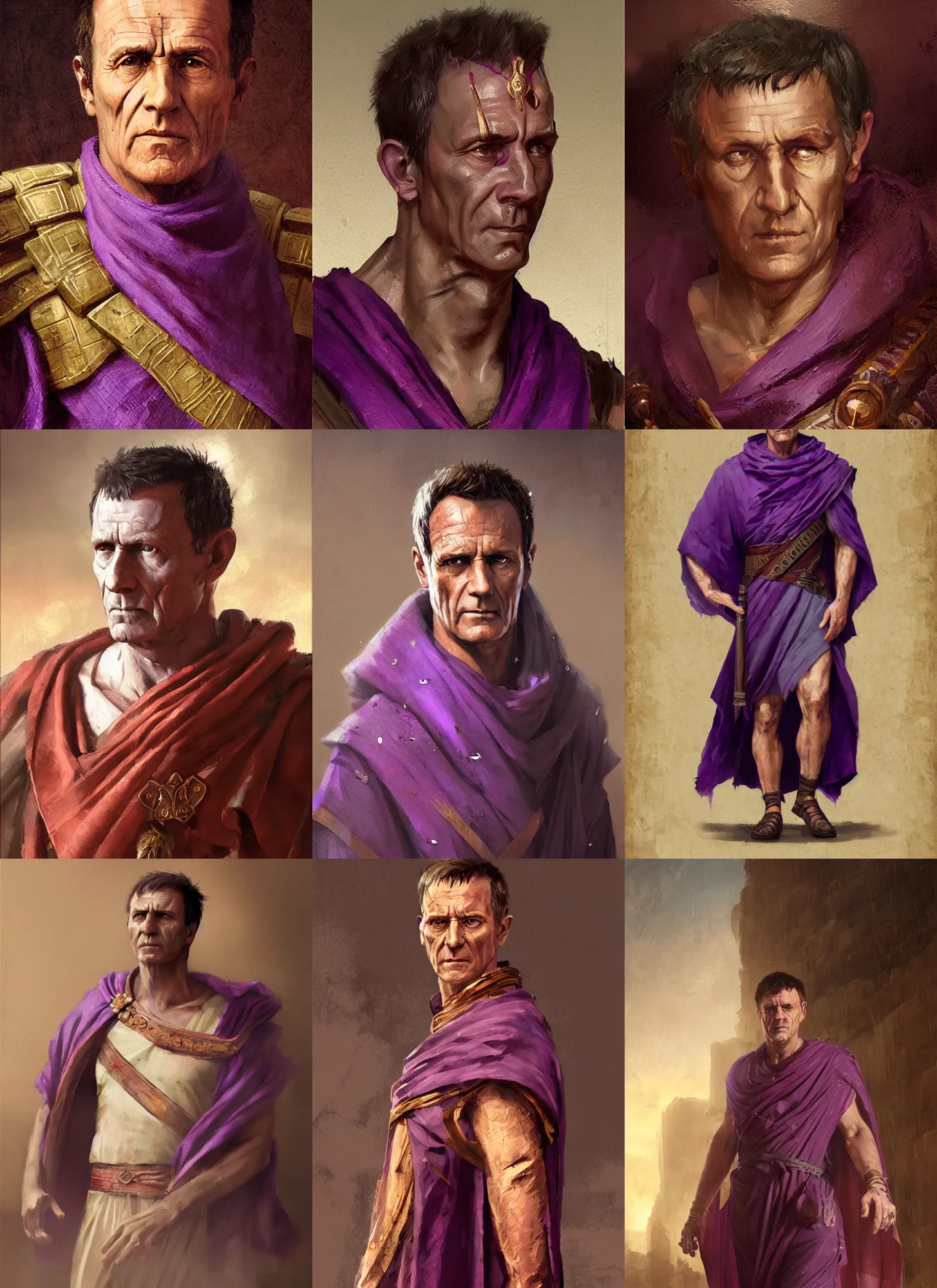 Prompt: gaius julius caesar wearing a tyrian purple roman toga, roman emperor, art by greg rutkowski, portrait, headshot, highly detailed, digital painting, sharp focus, illustration