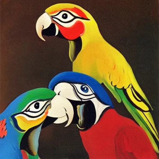 Image similar to A picture of happy parrots with big ears, painted by salvador dali