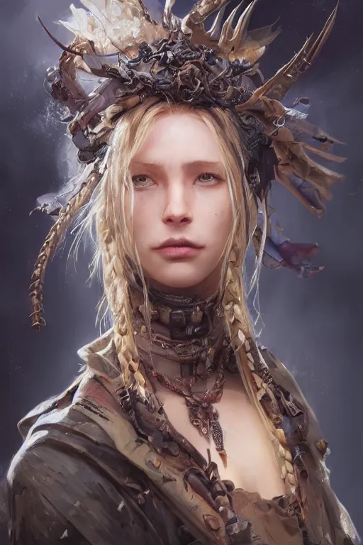 Image similar to A masterpiece portrait of a Incredibly beautiful queer Syberian post apocalyptic shaman girl . medium shot, intricate, elegant, highly detailed. trending on artstation, digital art, by Stanley Artgerm Lau, WLOP, Rossdraws, James Jean, Andrei Riabovitchev, Marc Simonetti, Yoshitaka Amano