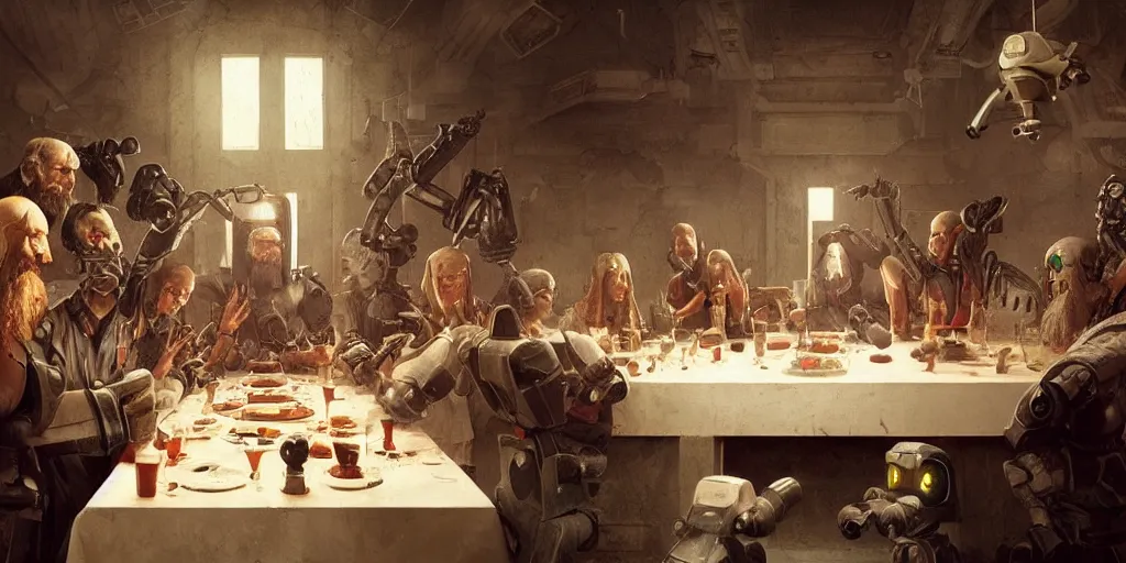 Image similar to the last supper of hitech robots robots robots robots. highly detailed, digital painting, artstation, concept art, smooth, sharp focus, illustration, art by pascal blanche and greg rutkowski and alan blackwell and sylvian boussiron