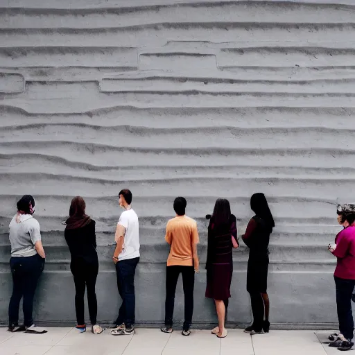 Image similar to people line up in front of wall facing the camera